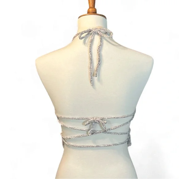 Handmade Grey Halter Top with Flower Design Crocheted Festival Tankini - Picture 5 of 7